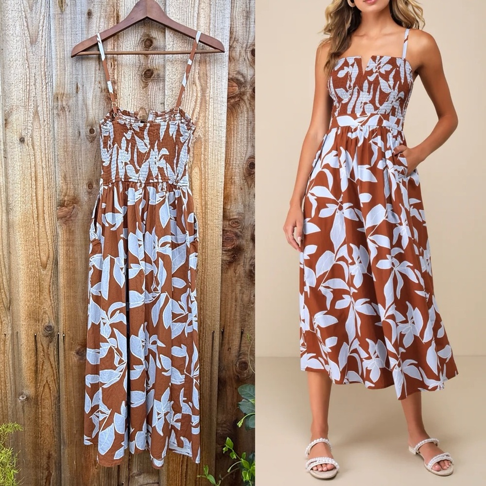 Brown and Blue Tropical Floral Smocked Midi Dress with Pockets! 🌿